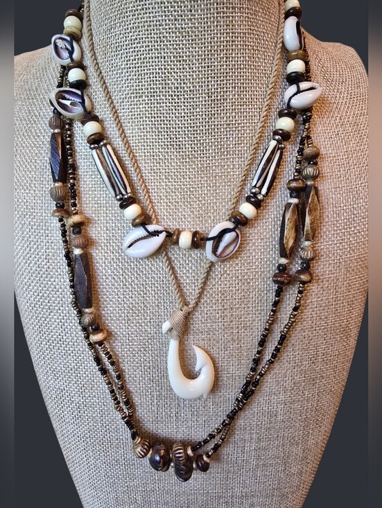 Vintage Jewelry - Vintage Bone, Shell and Wood Necklace Bundle (3)